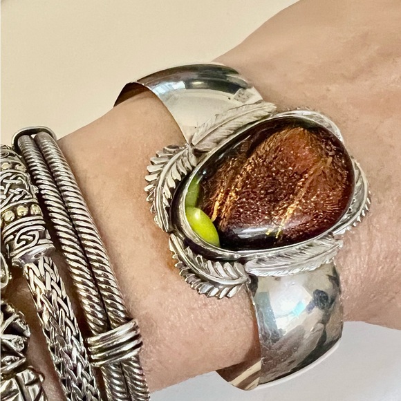 Sterling Silver Dichroic Glass Cuff Bracelet with Leaf Design - Picture 7 of 8